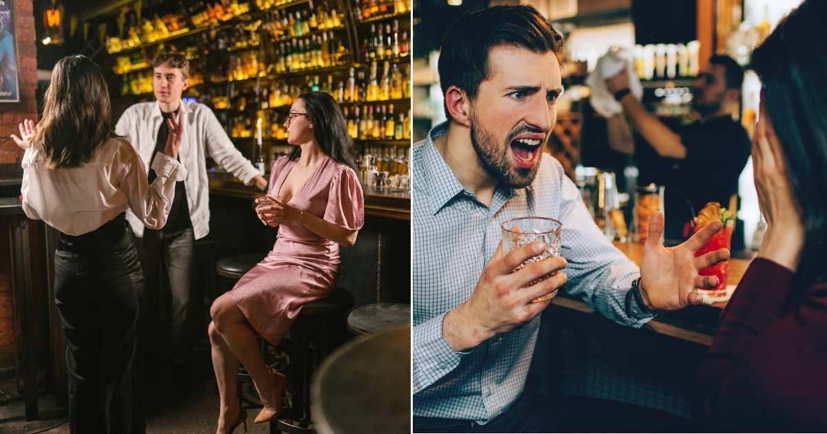 A woman confronting a man on a date while he is sitting with another in a bar (L). A man shouting at another woman in a bar (R). ( Representative Cover Image Source: Getty Images | Photo by Stanislav Smoliakov and Estradaanton)
