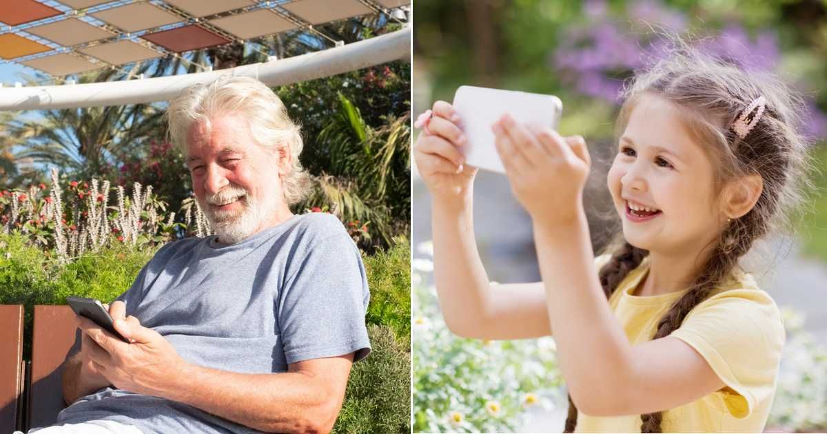 An old man with grey hair smiling (L). A little girl with braids recording on a smartphone (R) ( Representative Cover Image Source: Getty Images | Photo by lucigerma and Oksana Nazarchuk M)