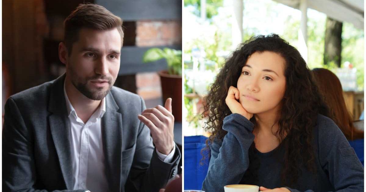 (L ) A man talking to his date ; (R) A woman looks bored during a date (Representative Cover Image Source: Getty Images | Photo by (L) fizkes ; (R) nicomenijes)