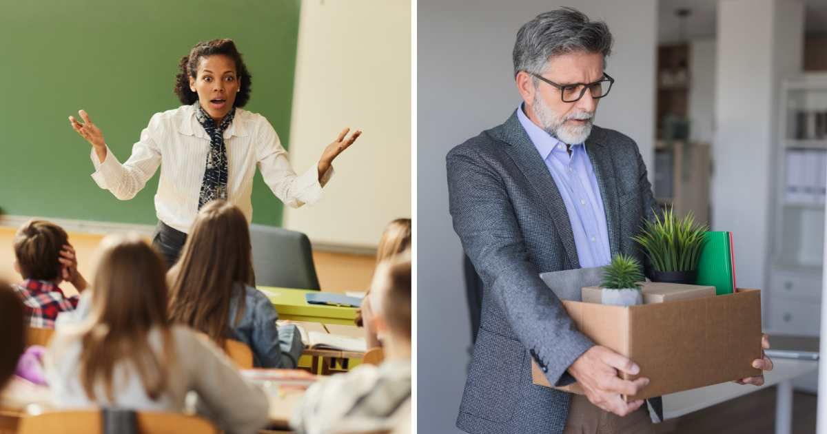 (L) Shocked teacher in classroom. (R) Teacher fired carrying stuff. (Representative Cover Image Source: Getty Images | (L) skynesher, (R) Dobrila Vignjevic)