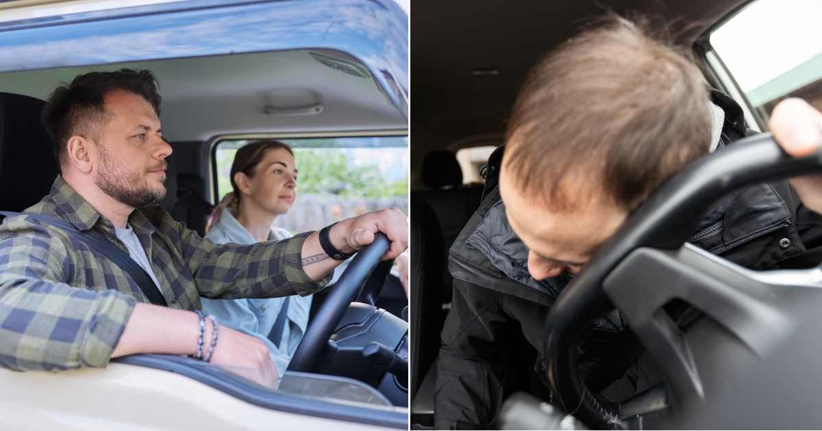 A couple in a truck with the man driving (L). A man lying unconscious against a steering wheel (R) ( Representative Cover Image Source: Getty Images | Photo by Valeriy_G and Sinenkiy)
