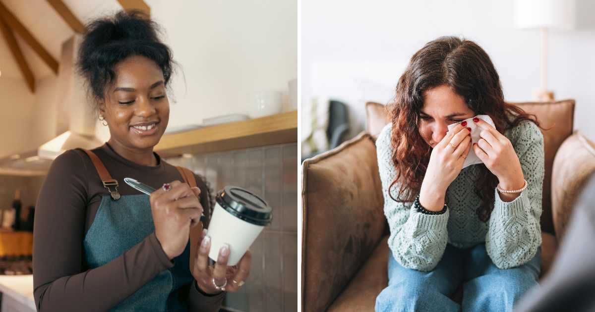 (L) Barista writing name on coffee mug. (R) Woman crying. (Representative Cover Image Source: Getty Images | (L) Leo Patrizi, (R) Galina Zhigalova)