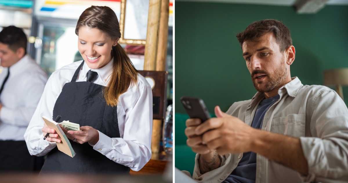 (L) Waitress counting tips. (R) Man shocked looking at phone. (Representative Cover Image Source: Getty Images | (L) SDI Productions, (R) Miljan Zivkovic)