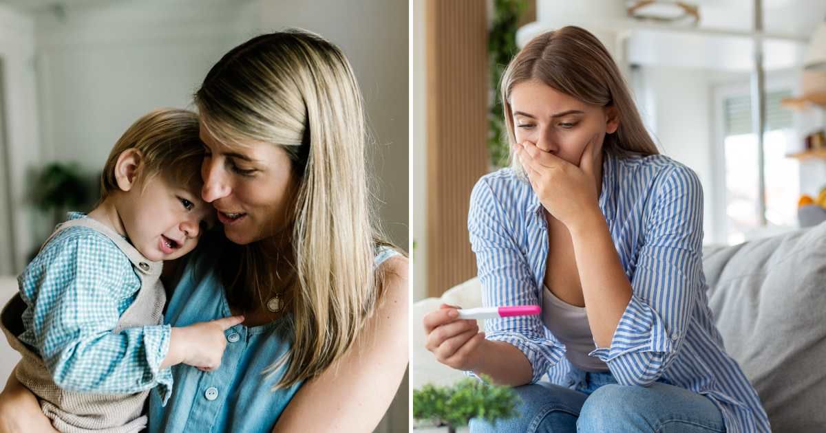 (L) Mom with toddler. (R) Woman shocked looking at pregnancy test. (Representative Cover Image Source: Getty Images | (L) Westend61, (R) stefanamer)
