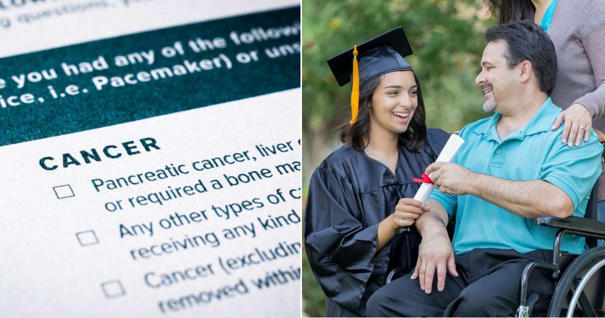 A closeup of a cancer diagnosis medical form (L). A woman with graduation cap and diploma hugging a man on a wheelchair (R). (Representative Cover Image Source: Getty Images | Photo by vinnstock and SDI Productions)