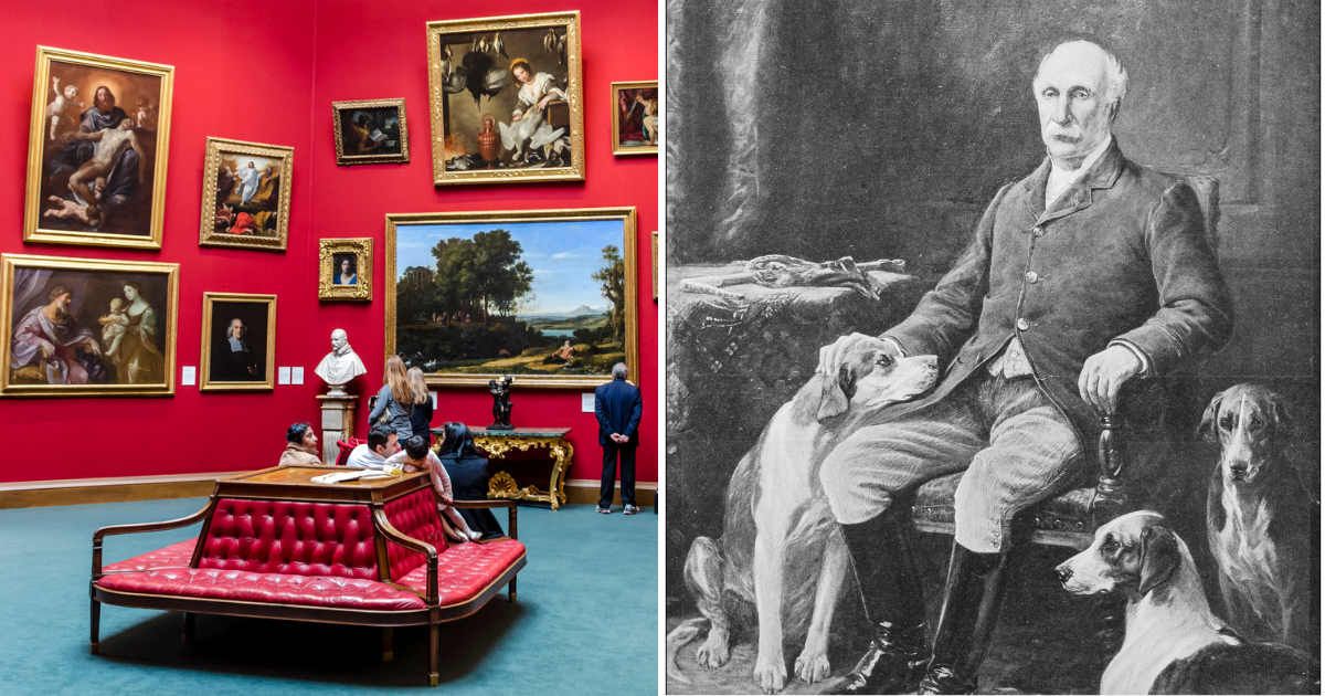 Picture of the inside of a museum (L). A vintage picture of a bearded man with three dogs (R) (Representative Cover Image Source: Getty Images | Photo by David Williams and ilbusca)
