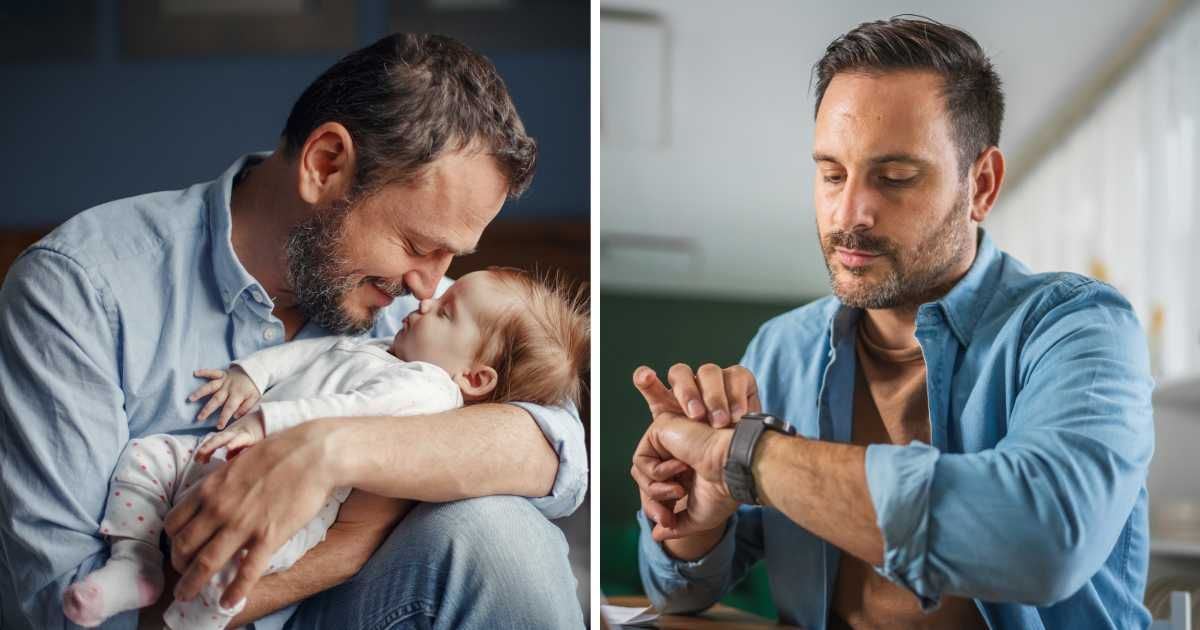 (L) Man with newborn baby. (R) Man checking smartwatch. (Representative Cover Image Source: Getty Images | (L) UserGI15613517, (R) Miljan Zivkovic)