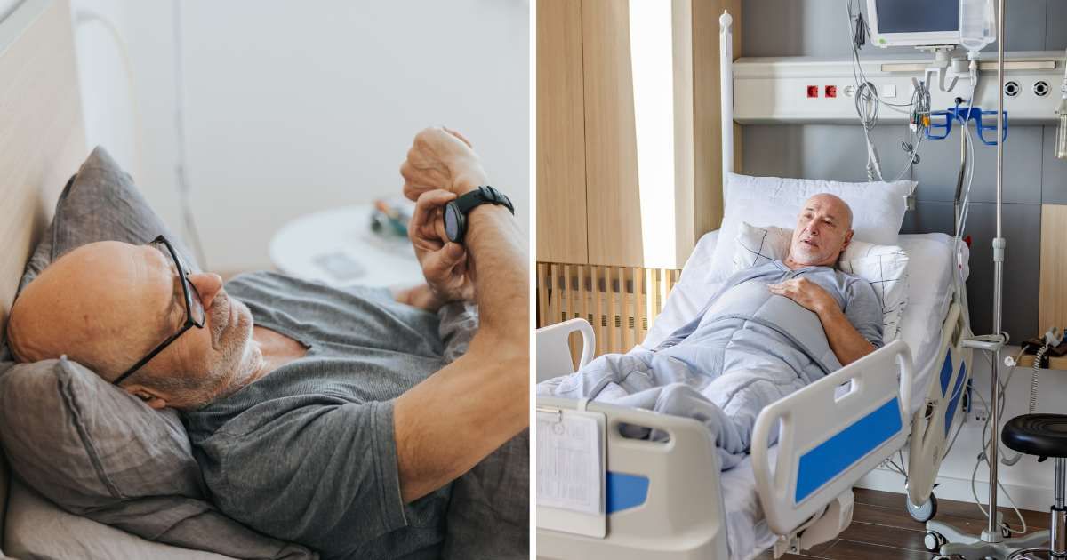 (L) Senior man using smartwatch in bed. (R) Old man in hospital. (Representative Cover Image Source: Getty Images | (L) visualspace, (R) South_agency)