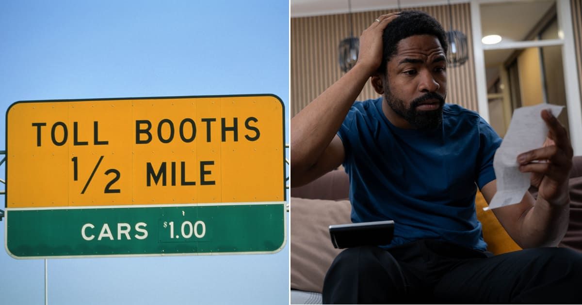 Close-up of a toll booth signboard (L). A man is shocked at looking at a bill (R). (Representative Cover Image Source: Getty Images | Photo by Alan Schein and Nenad Cavoski)