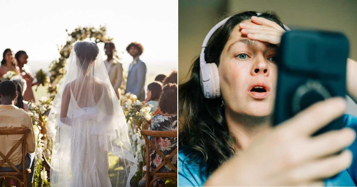 A bride walking down an aisle (L). A woman, shocked seeing something on her phone (R) (Representative Cover Image Source: Getty Images | Photo by 	Klaus Vedfelt and Olga Pankova)