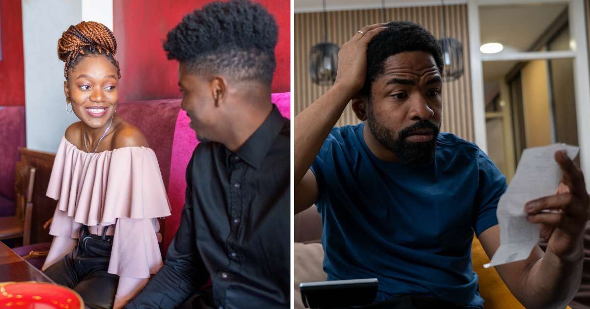 (L) Couple on date. (R) Man shocked checking bill. (Representative Cover Image Source: Getty Images | (L) vgajic, (R) Nenad Cavoski)