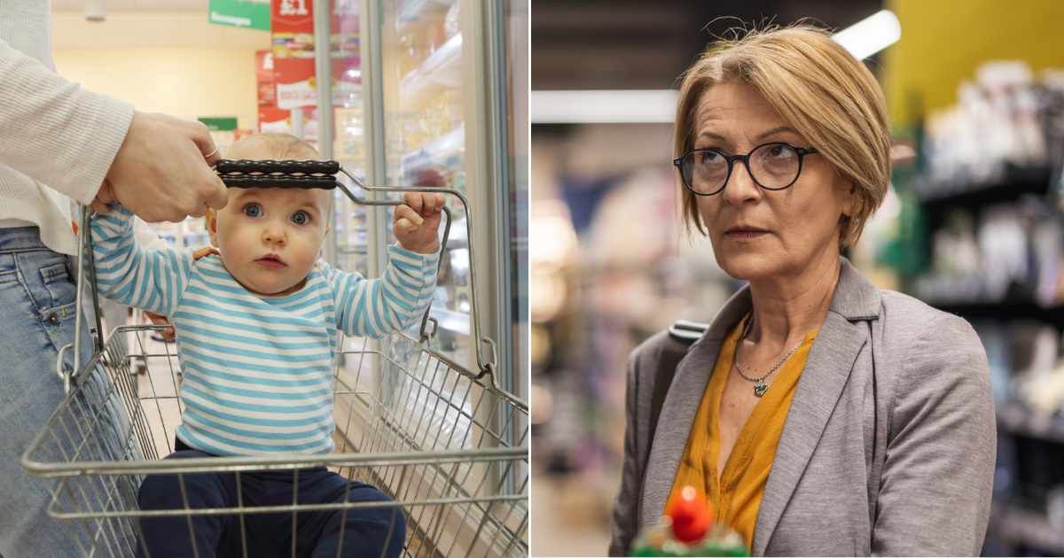 A baby in a shopping cart is grabbing onto it (L). An old woman at a shopping aisle looking confused (R) (Representative Cover Image Source: Getty Images | Photo by Peter Cade and freemixer)