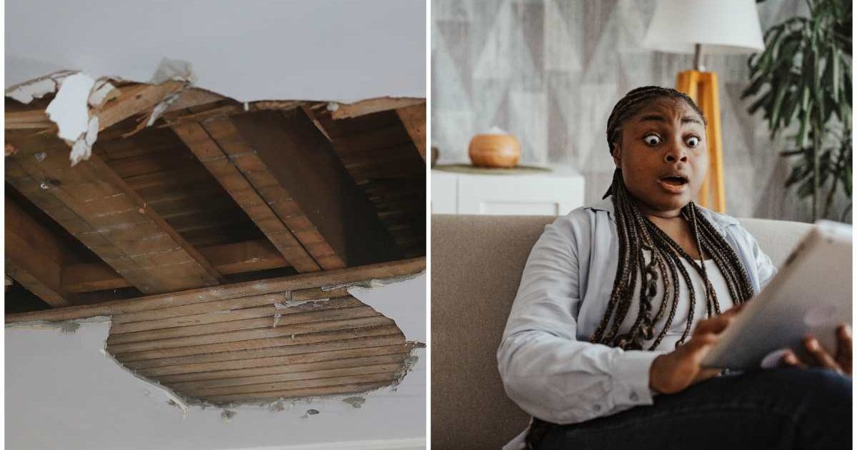 (L ) A broken ceiling ; (R) A woman looks shocked (Representative Cover Image Source: Getty Images | Photo by (L) Douglas Sacha ; (R) South_agency)