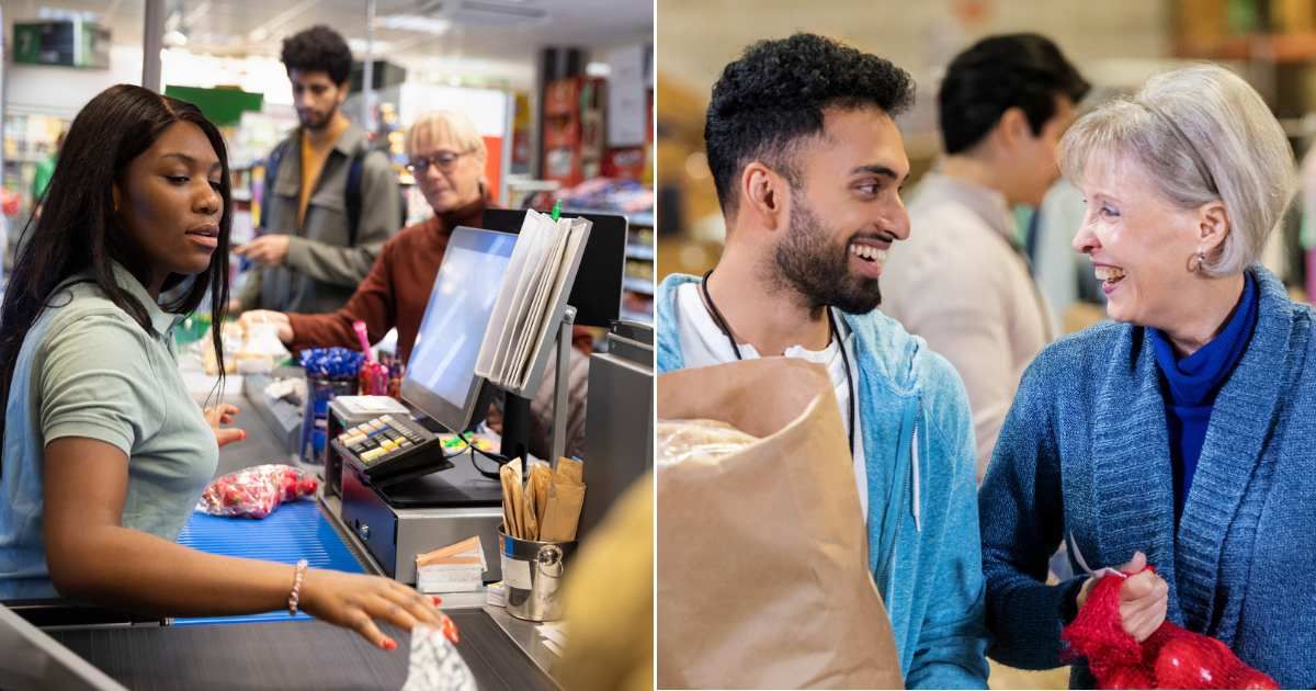 A busy line in front of a store cashier (L). An old lady and a young man smiling at each other (R). Representative Cover Image Source: Getty Images | Photo by Maskot and SDI Productions