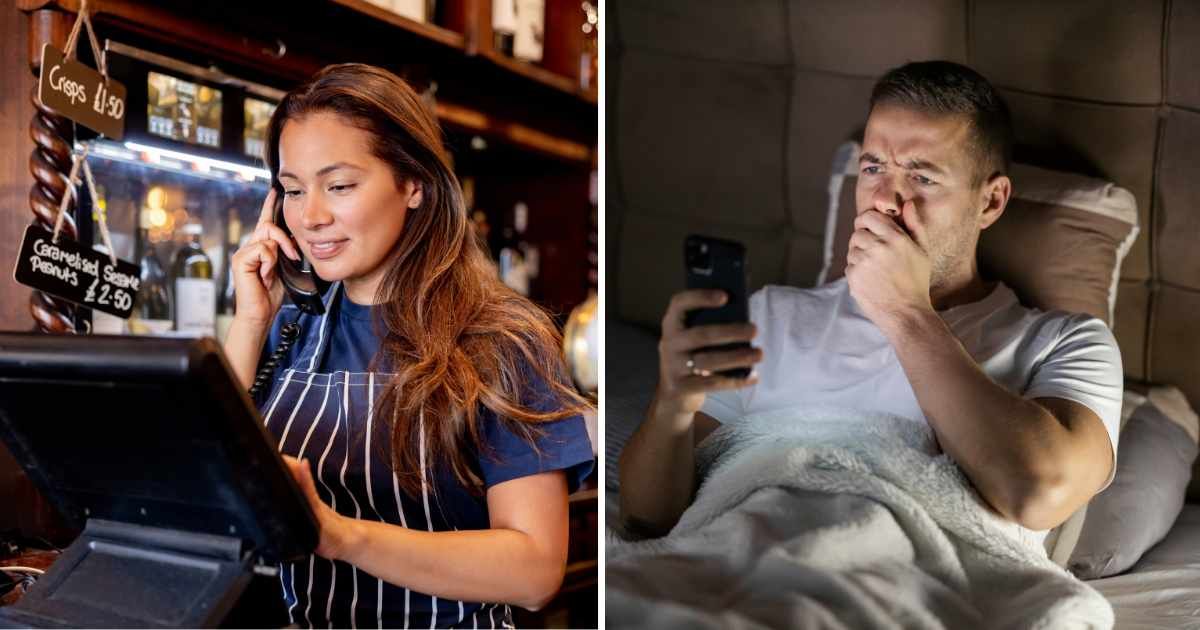 (L) Female bartender on call. (R) Man in bed shocked looking at phone. (Representative Cover Image Source: Getty Images | (L) andresr, (R) dusanpetkovic)