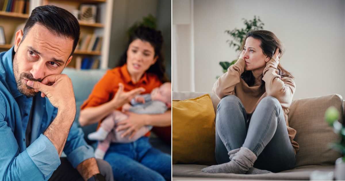 A man being visibly upset at a woman holding a baby (L). A woman upset and crying (R) Representative Cover Image Source: Getty Images | Photo by 	bluecinema and Halfpoint Images