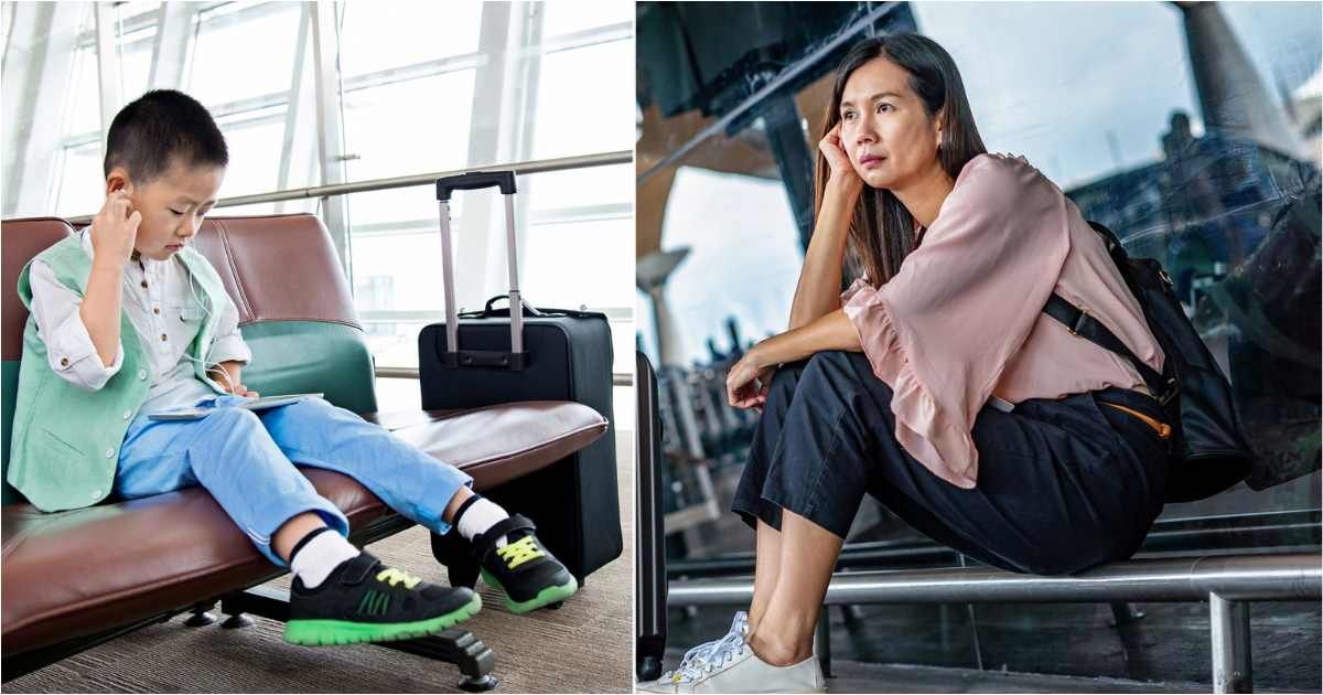 (L) Little boy sits sad at the airport with luggage. (R) Worried mom sits outside airport. (Representative Cover Image Source: Getty Images| L - baona, R - gahsoon)