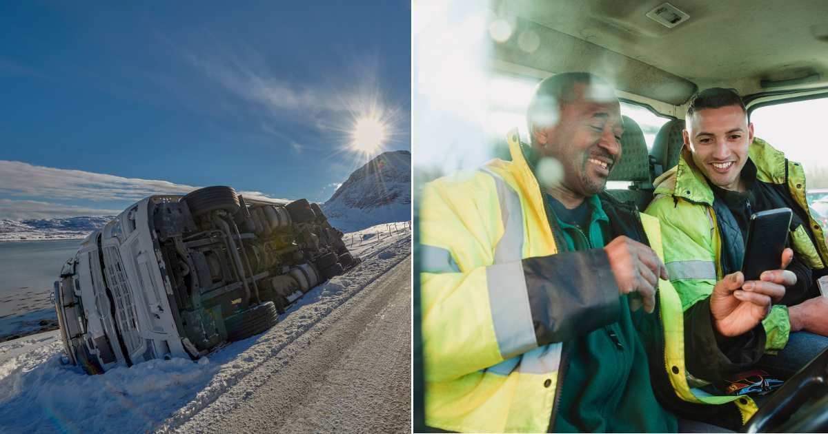 A truck tipped over on the side of the road (L); Two men inside a truck laughing (R). (Representative Cover Image Source: Getty Images | Photo by (L) JanMiko; (R) SolStock)