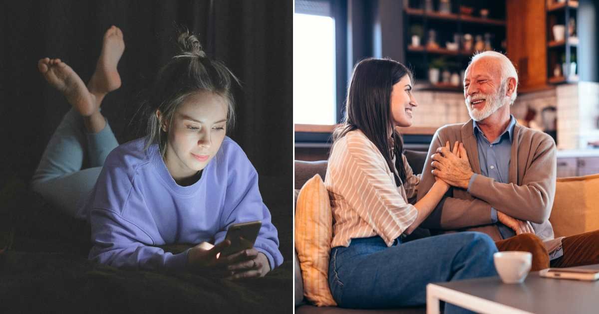 (L) Women texting late at night. (R) Woman speaking to dad and laughing in lighthearted conversation. (Representative Cover Image Source: L - Pexels| Shvets Production, R - Getty Images| Igor Suka)