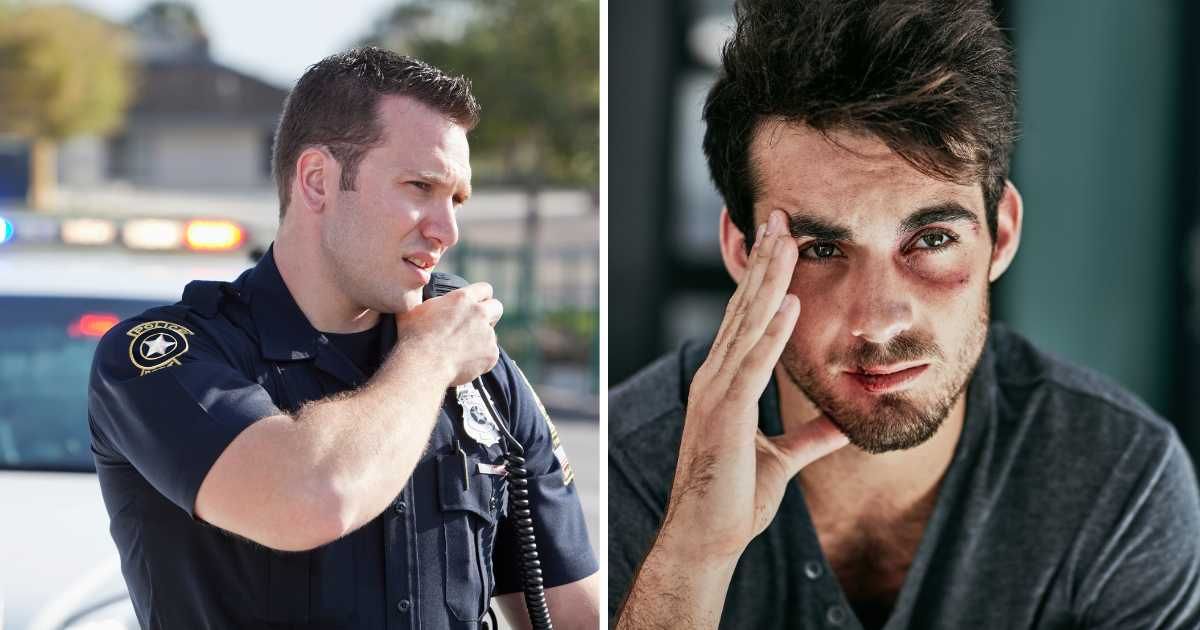 (L) Police officer. (R) Injured man with bruises. (Representative Cover Image Source: Getty Images | (L) kali9, (R) laflor)
