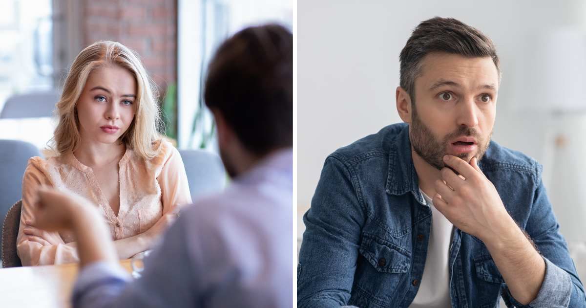 (L) Woman annoyed on date. (R) Shocked man. (Representative Cover Image Source: Getty Images | (L) Prostock studio, (R) Prostock studio)