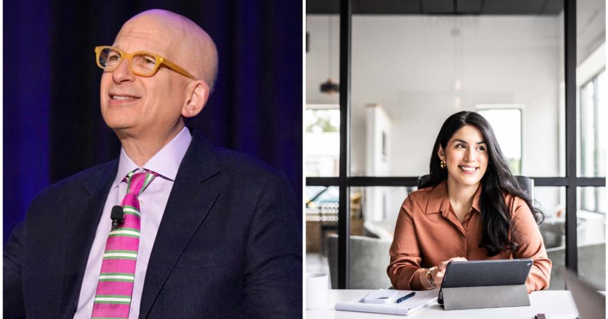 (L ) Seth Godin speaks on stage during the Watermark Conference for Women 2020 ; (R) A woman looks confident. (Representative Cover Image Source: Getty Images | Photo by (L) Marla Aufmuth ; (R) MoMo Productions)