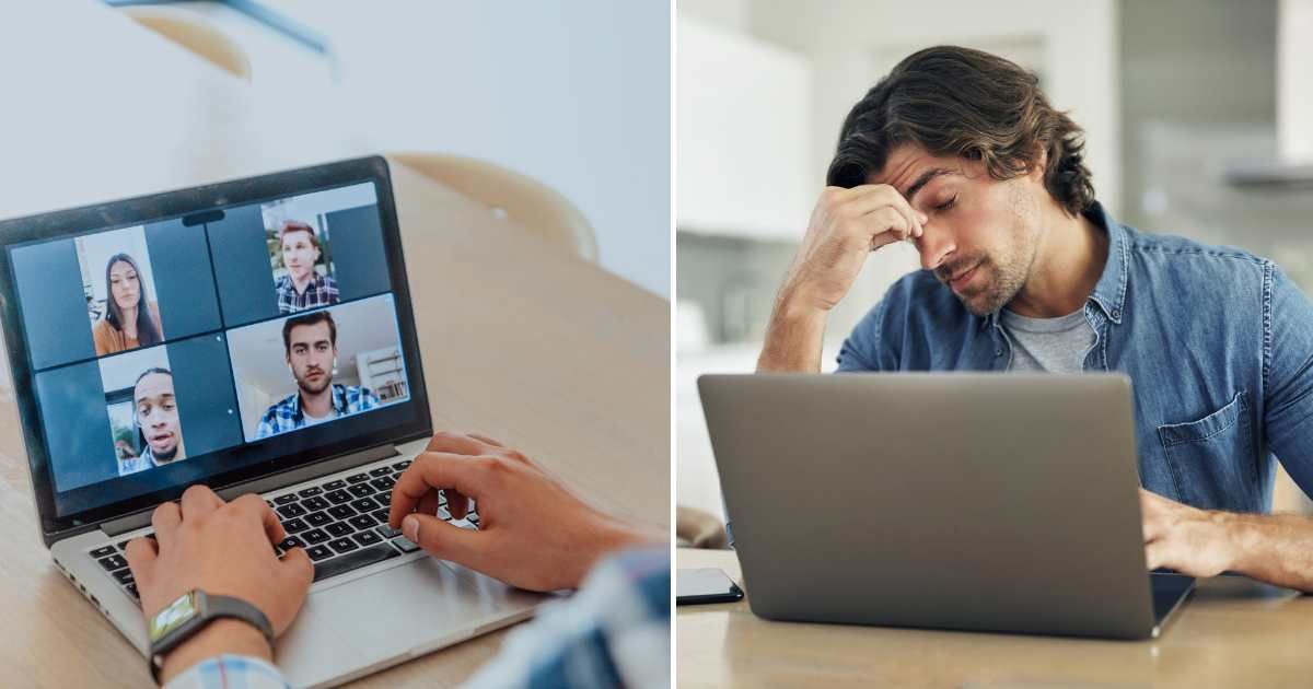 (L) Online meeting with employees; (R) Stressed man working on laptop. (Representative Cover Image Source: Getty Images | Photo by (L) shock; (R) shapecharge)