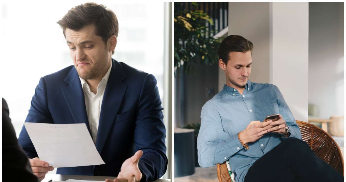 (L ) A bank manager being rude ; (R) A man using his phone (Representative Cover Image Source: Getty Images | Photo by (L) fizkes ; (R) Maskot)