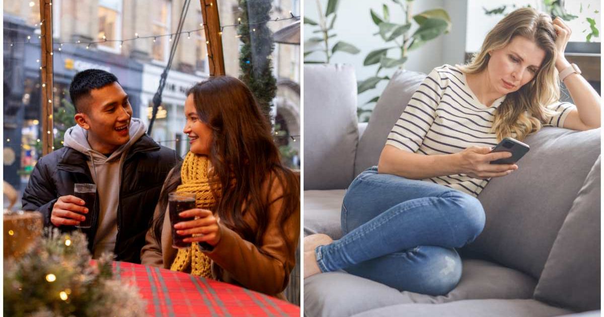 (L ) A couple on a date ; (R) A woman looks upset reading a text (Representative Cover Image Source: Getty Images | Photo by (L) SolStock ; (R) elenaleonova)