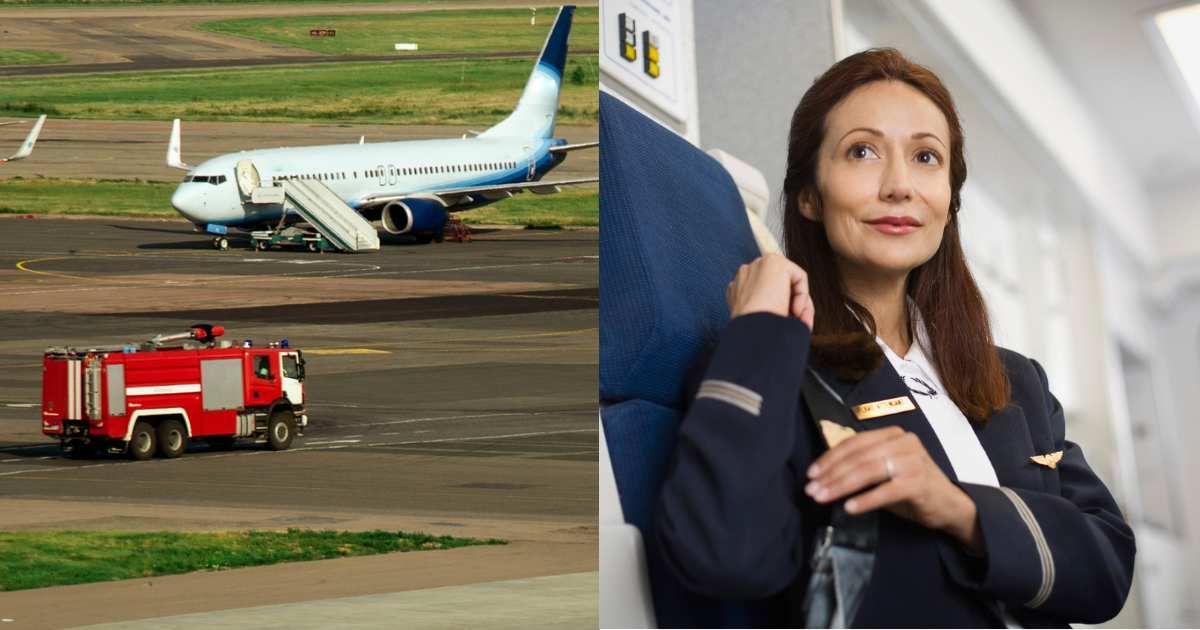 (L) A plane and a fire truck are coming close on an airport runway. (R)  A flight attendant wearing her seatbelt. (Representative Cover Image Source: Getty Images | L -September15, R -Jupiterimages)
