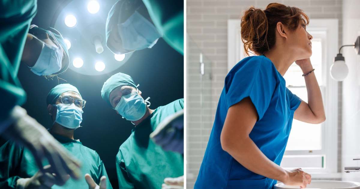 (L) Surgeons in the operating room; (R) Doctor looking at herself in the mirror. (Representative Cover Image Source: Getty Images | (L) skaman306; (R) south_agency)