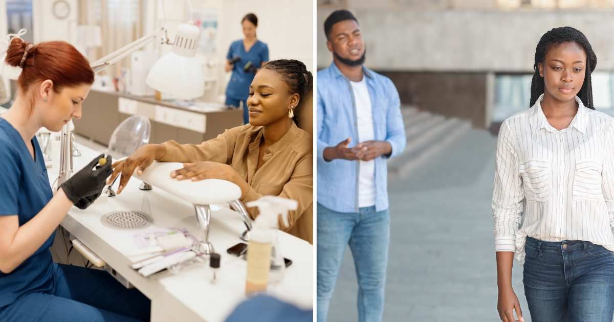 (L) Woman getting her nails done at the salon. (R) Woman walking away from a man. (Representative Cover Image Source: Getty Images | (L) Anchiy, (R) Prostock studio)