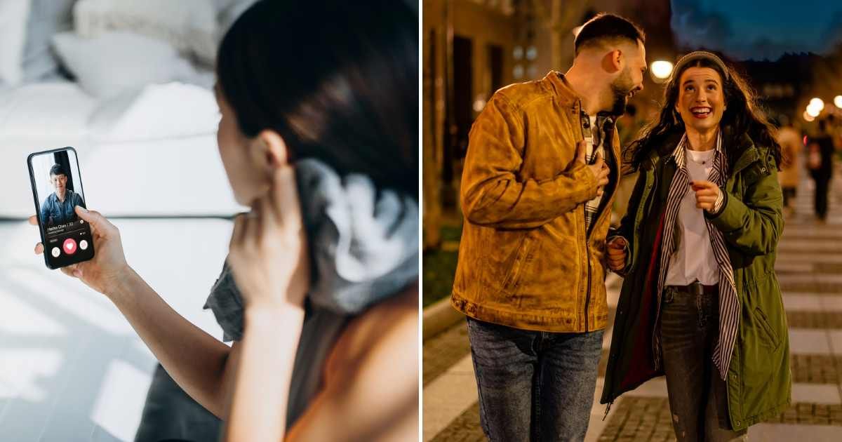 (L) A woman scrolling through a dating application. (R) A man and a woman are enjoying a night walk. (Representative Cover Image Source: Getty Images | L - AsiaVision, R - ProfessionalStudioImages)