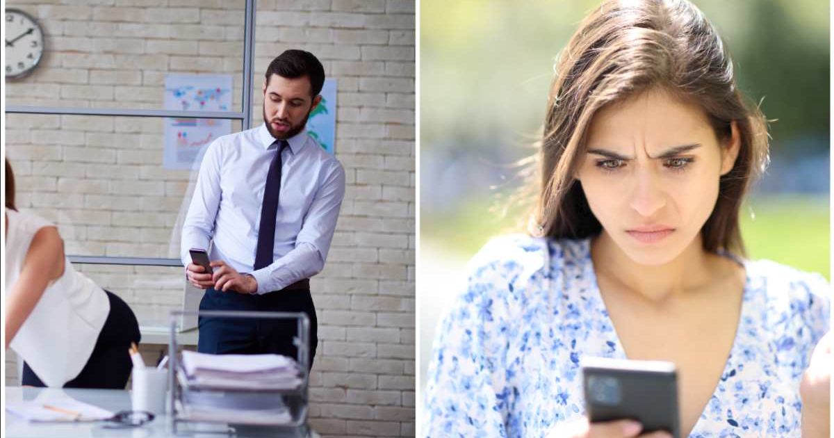 (L ) Man taking a picture of a woman secretly. (R) A woman looks shocked, checking her phone. (Representative Cover Image Source: Getty Images | (L) mediaphotos ; (R) Pheelings Media)