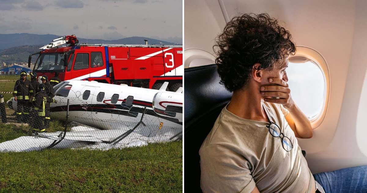 (L) A fire truck near a crashed aircraft. (R) A man panicking inside a plane. Representative Cover Image Source: Getty Images | L -  GIACOMO MORINI, R - urbazon)