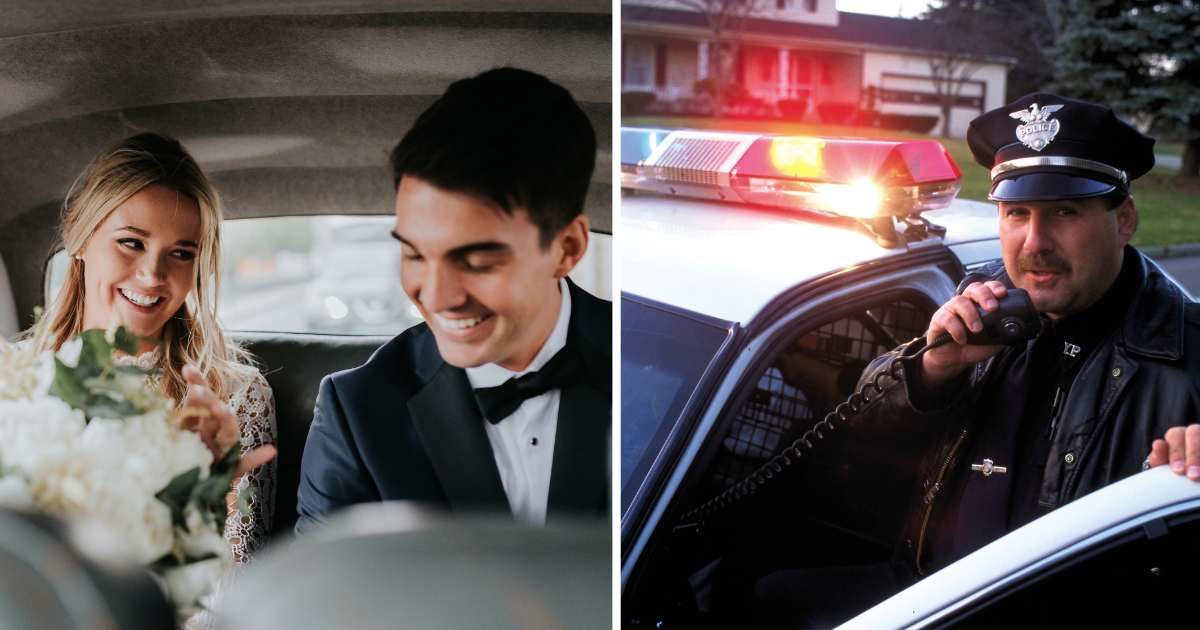 (L) Young married couple sitting in car backseat. (R) Police officer. (Representative Cover Image Source: Getty Images | (L) Sara Monika, (R) Roy Morsch)