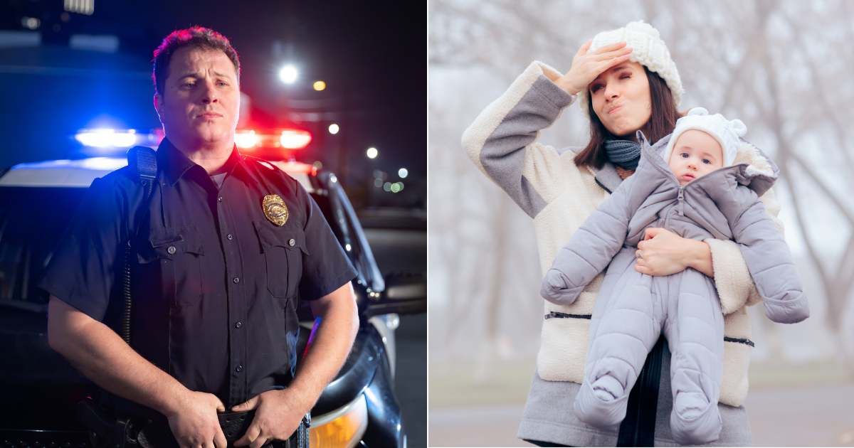 (L) A cop on duty at night (R) A worried mother with her baby (Representative Cover Source: Getty Images  | Photo by (L) Hal Bergman; (R) Nicoleta Ionescu)