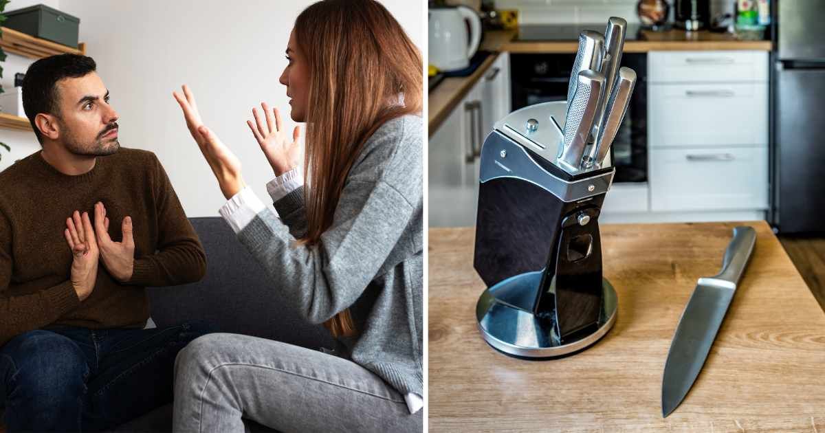 (L) Couple fighting. (R) Kitchen knives collection. (Representative Cover Image Source: Getty Images | (L) Daniel de la hoz, (R) vovashevchuk)