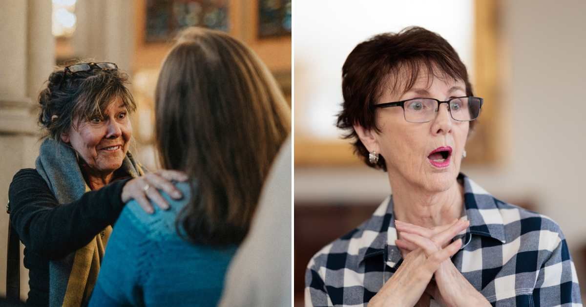 An elderly woman talking to a young lady in a church (L). An old lady looking shocked (R). (Representative Cover Image Source: Getty Images | Photo by Maskot and SteveLuker)
