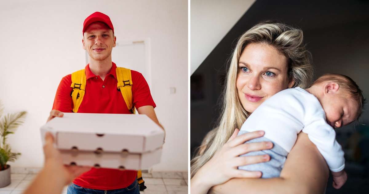 (L) Pizza delivery man. (R) Young mom holding sleeping baby. (Representative Cover Image Source: Getty Images | (L) mihailomilovanovic, (R) Halfpoint)