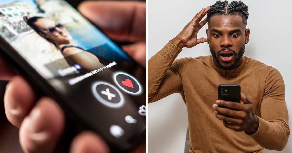 (L) Woman profile on dating app. (R) Man shocked looking at phone. (Representative Cover Image Source: Getty Images | (L) Tero Vesalainen, (R) Juan Algar)