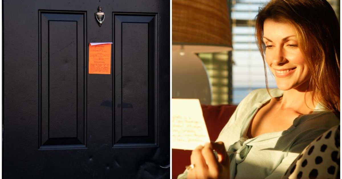 (L ) A note stuck on the door ; (R) A woman smiling, reading a note (Representative Cover Image Source: Getty Images | Photo by (L) Stephen Zenner  ; (R) Mark Edward Atkinson)