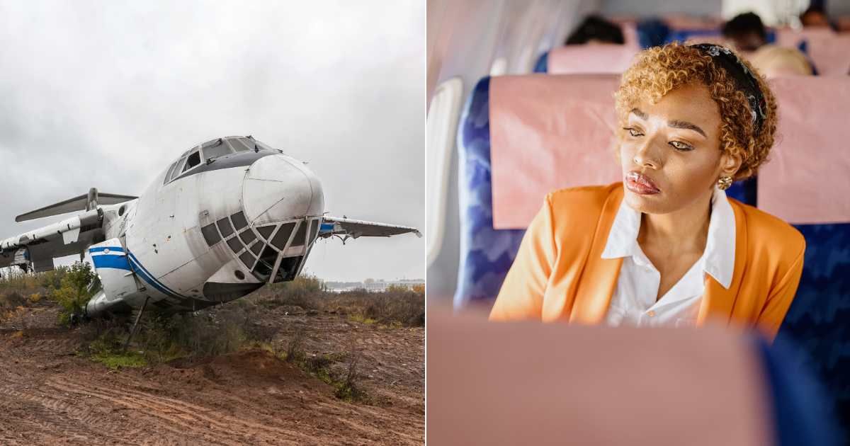 (L) A damaged Passenger Aircraft after a crash (R) A woman gazes out of an aircraft window (Representative Cover Source: Getty Images | Photo by (L) saoirse_2010; (R) Anchiy)