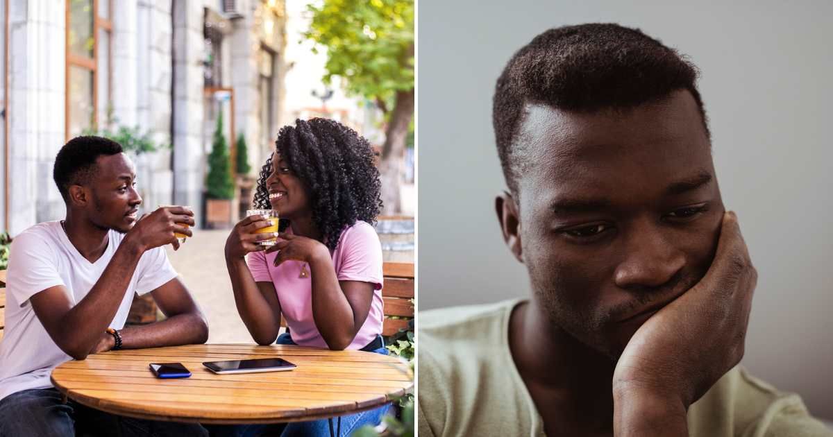Two people on a date enjoying a drink (L). A man looking visibly upset (R). Representative Cover Image Source: Getty Images | Photo by Evgeniia Siiankovskaia and Maskot)
