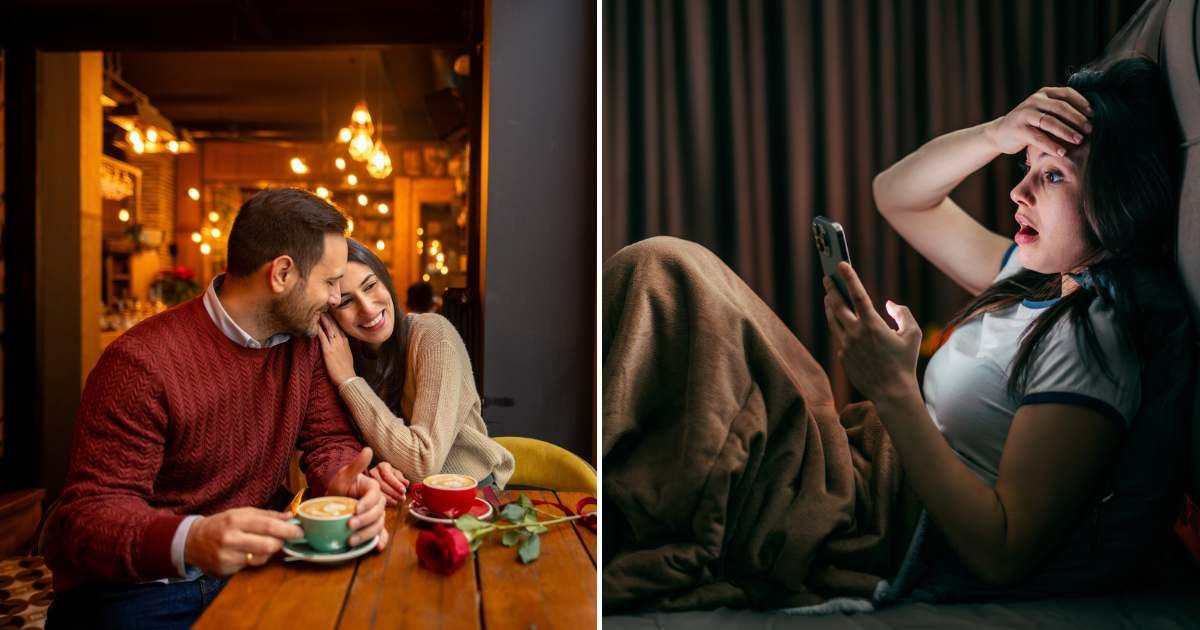 A couple on a romantic date (L). Woman experiencing shock and anxiety reading upsetting news on phone (R). (Representative Cover Image Source: Getty Images | Photo by Djordje Krstic and Organic Media)
