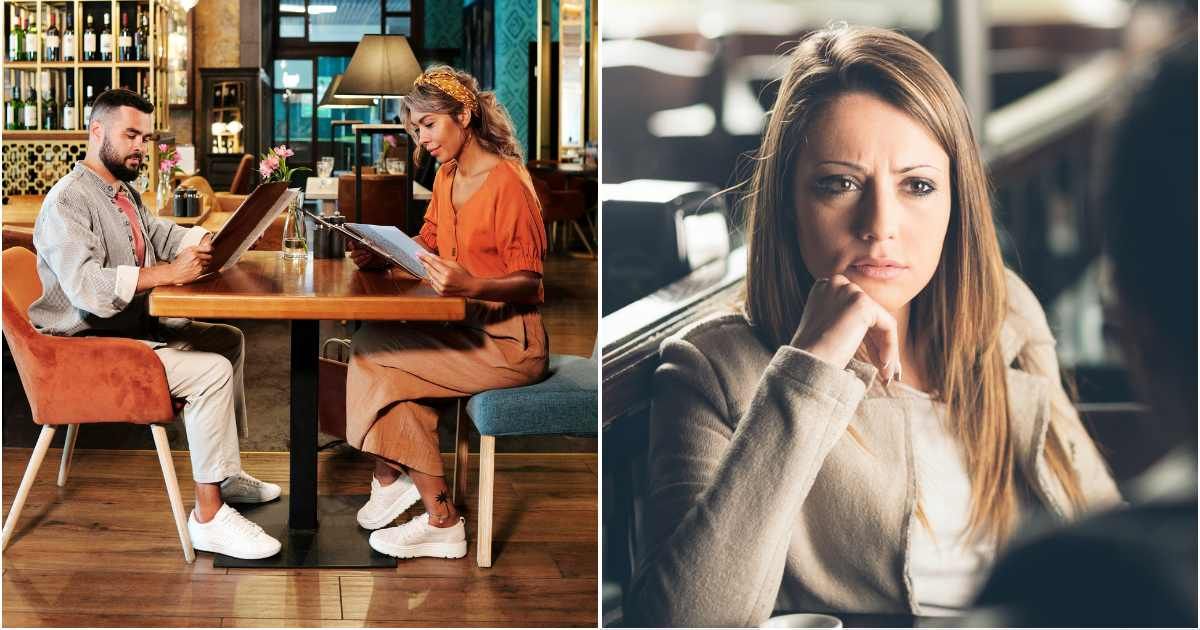 (L) Couple on a date at a restaurant. (R) Woman looks disappointed and confused at date. (Representative Cover Image Source: L - Pexels| Jep Gambardella, R - Getty Images| demaerre)