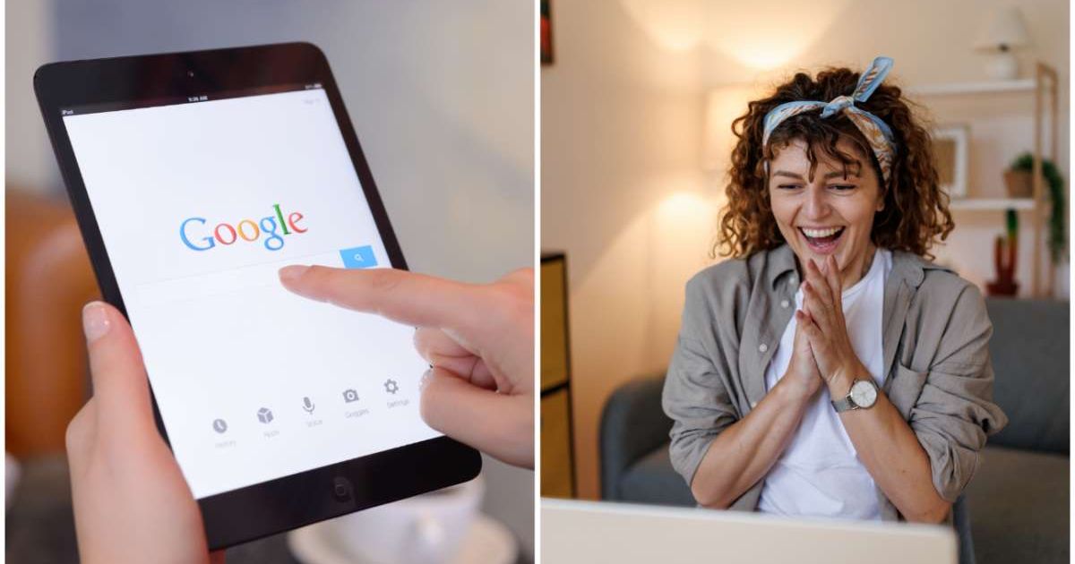 (L ) Person typing on Google search engine; (R) A woman excited, looking at her laptop (Representative Cover Image Source: Getty Images | Photo by (L) hocus-focus ; (R) bojanstory)