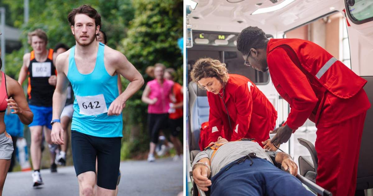 (L) Man running in a marathon. (R) Paramedics helping a patient. (Representative Cover Image Source: Getty Images | (L) Connect images, (R) South_agency)