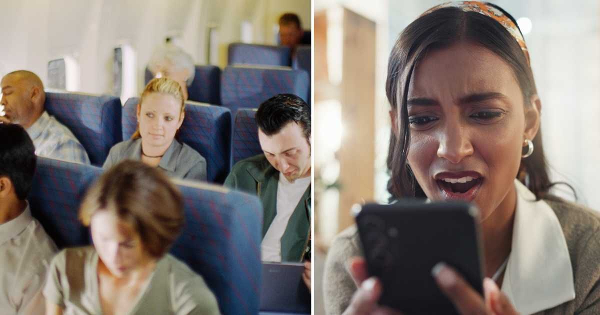 (L) People sitting on plane. (R) Woman shocked looking at phone. (Representative Cover Image Source: Getty Images | (L) Hill street studios, (R) Jacob wackerhausen)
