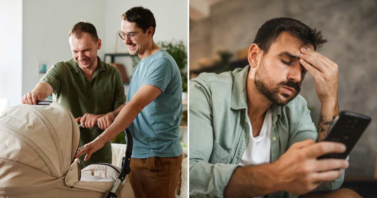 Two men greeting a baby inside a baby carrier (L). A man reading a text and looking worried (R). Representative Cover Image Source: Getty Images | Photo by AnnaStills and Miljan Živković